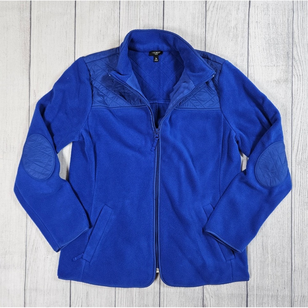 Talbots Fleece Jacket Womens MP Blue Quilted Zip Front Elbow Patch Petite Medium